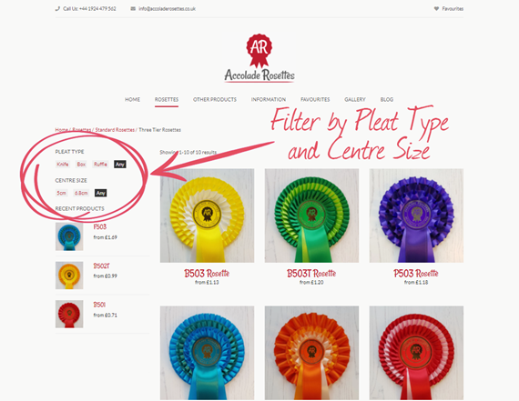 You can use the filters to narrow your selection further e.g. by type of pleat or centre size.