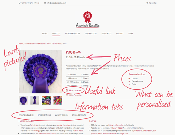 A whole page dedicated to our bestselling P503 rosettes showing everything you need to know!